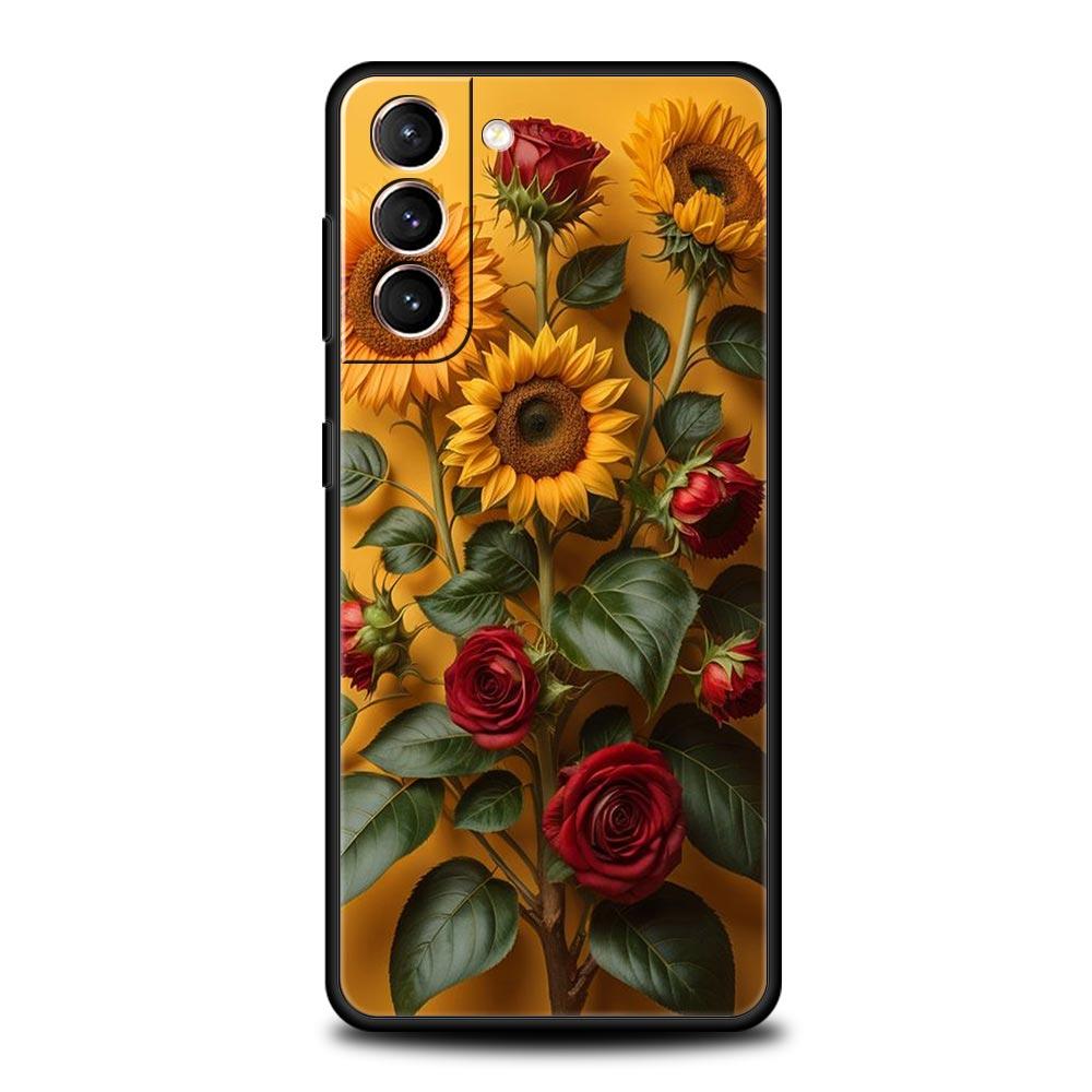 Sunflower Phone Case For Samsung Galaxy S26 Ultra S25 Plus S24 FE S23 S22 5G S21 S20 Cover Black Soft