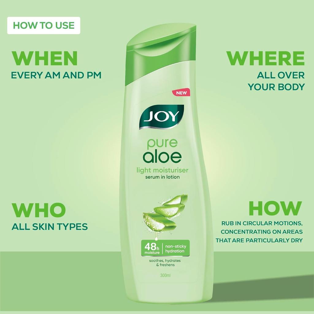 Joy Pure Aloe Light Moisturising Body Lotion 300ml Pack of 1 | 48 Hour Hydration for Smooth, Fresh, Non-Greasy Skin