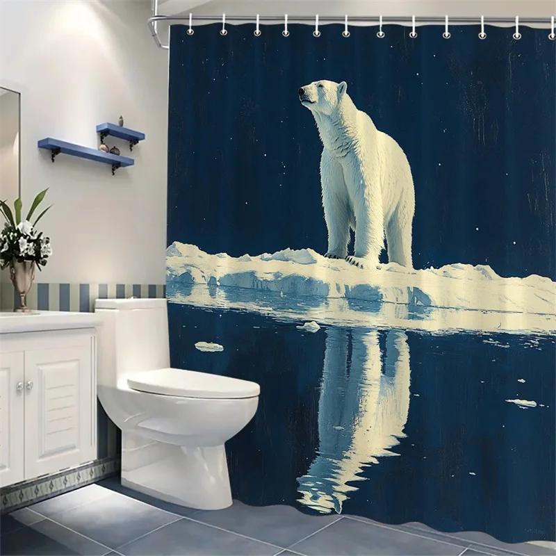 1pc Polar Bear Starry Night Shower Curtain - Realistic Arctic Landscape with Ice Floe & Northern Lights, 70.86x70.86 In, 12 Hook
