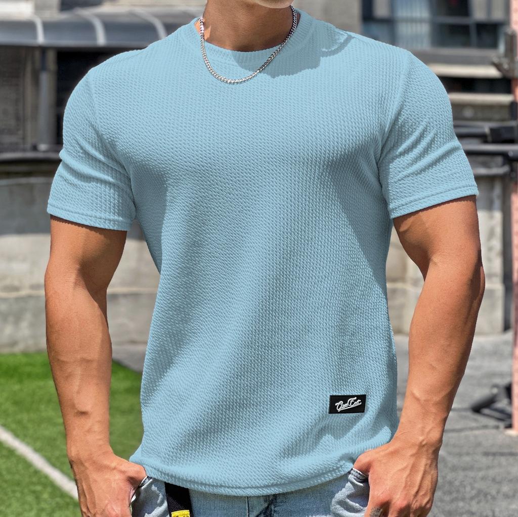 Men's Summer Trendy Pullover Crew Neck T-Shirt Solid Sports Fitness Short-Sleeve Top