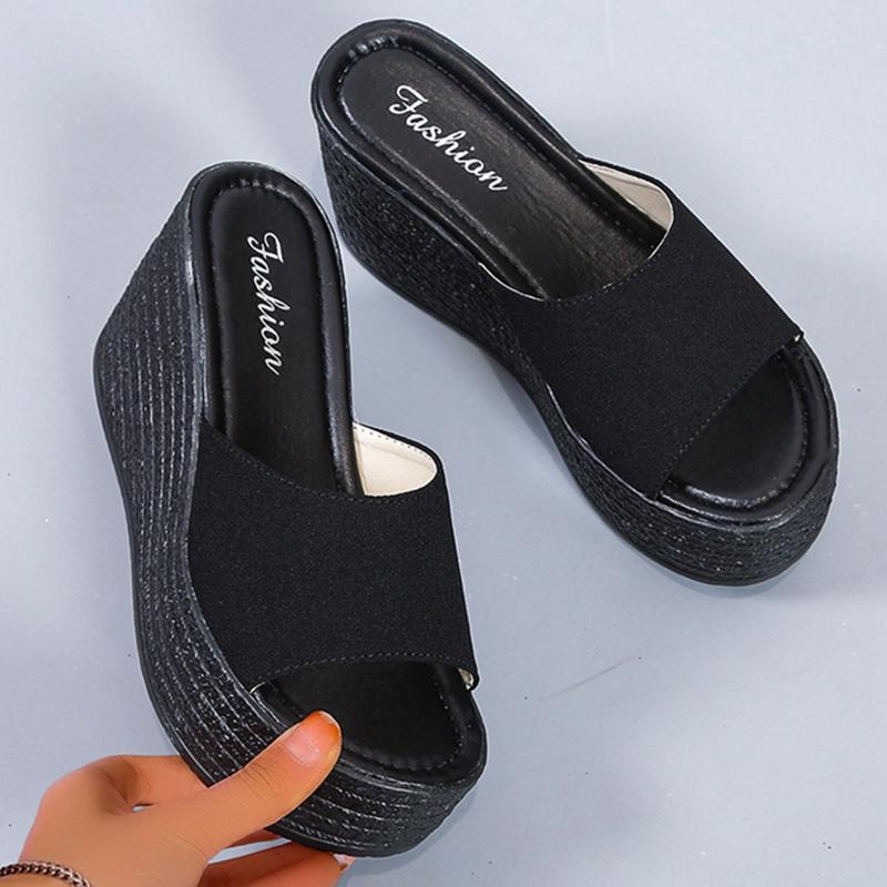 

Женские тапочки на платформе и танкетке Lucyever, лето 2024 г., сандалии с открытым носком и высоким каблуком, повседневная женская обувь больших размеров для отдыха на открытом воздухе, пляжная обувь 43 34 чёрный