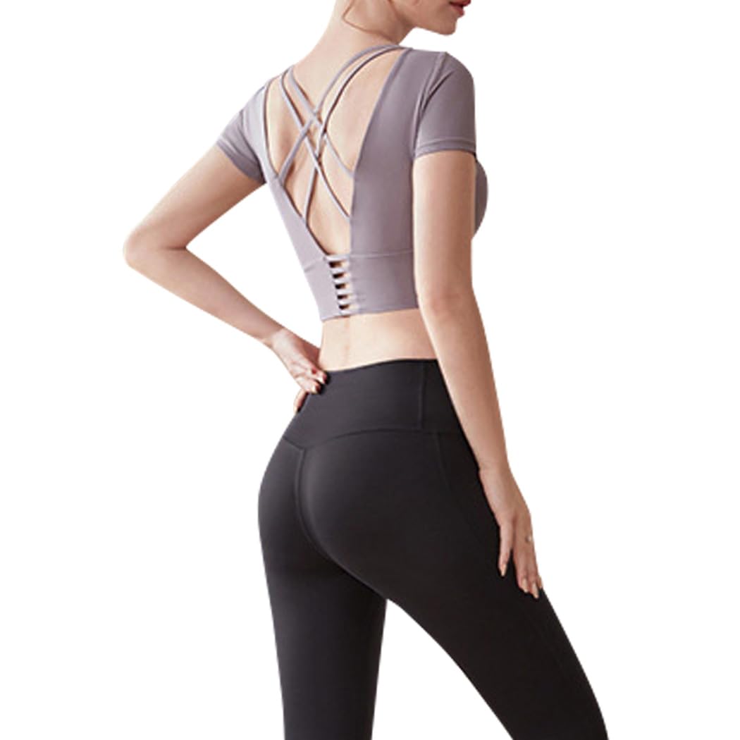 

DAYCLOSET Одежда для йоги Топ с коротким рукавом с yoga177 Фиолетовый x Женский комплект, Чашки, Леггинсы с высокой талией, Эластичный, Тонкий, (Стандартный, Черный, M)