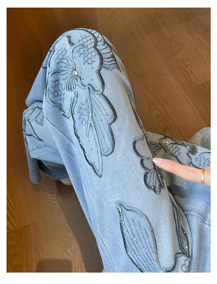 Blue flower embroidered wide-leg jeans women's summer new high-waisted and thin loose floor-mopping straight-leg pants