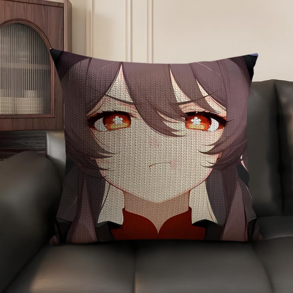 Cute Hu Tao Genshin Impact Cushion Cover Natural Linen Organic Fabric Double-Sided Printing Sofa Home Decor Gift Pillow Case