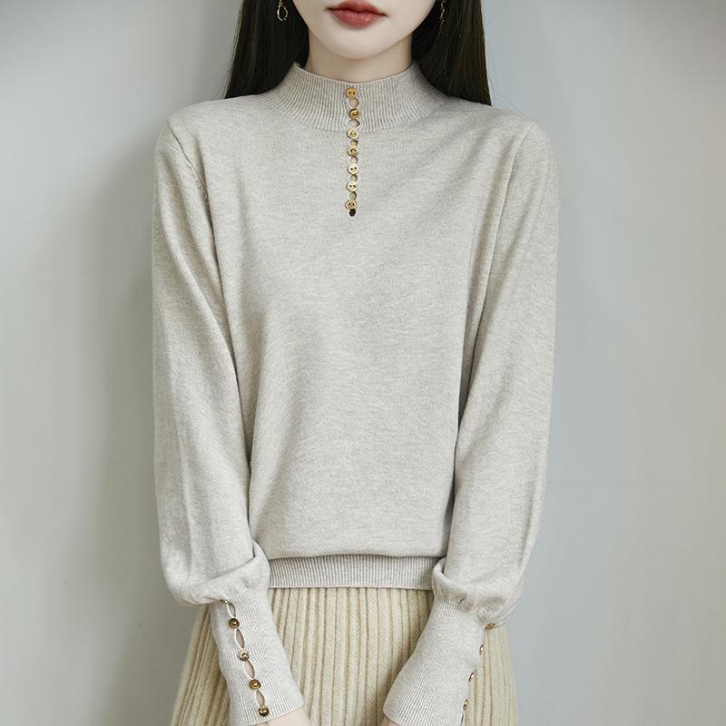 A Fashionable Semi-high Neck, Versatile Design Base Layer, Solid Color Loose and Warm Knitted Sweater for Women