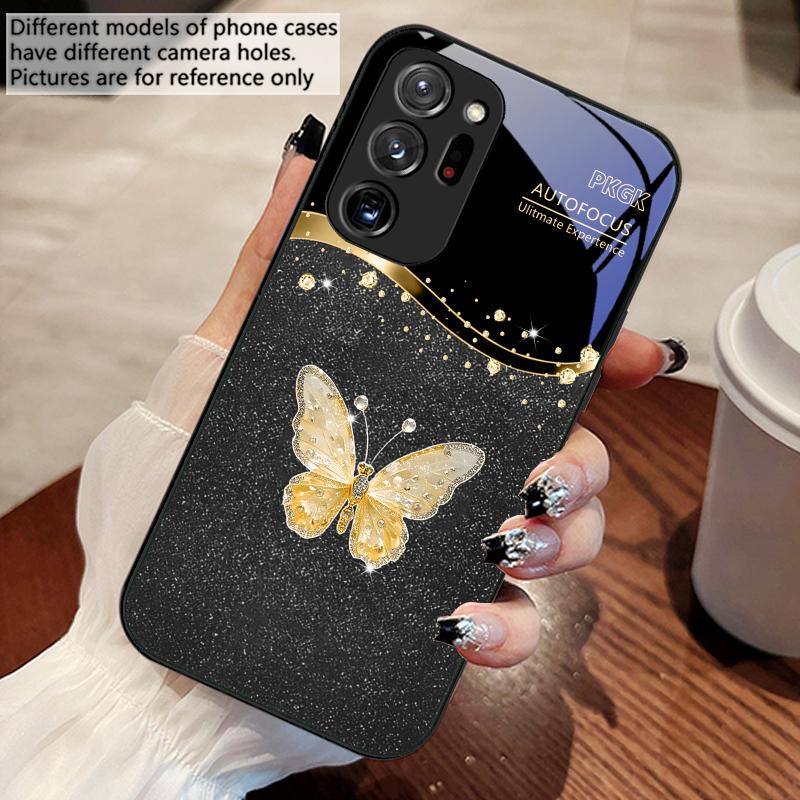 Gradient Diamond Butterfly For Samsung Galaxy Note 8 9 10 PRO 20 Ultra A01 02 03 Core 04E 4G 12 13 5G Tempering Glass Phone Case