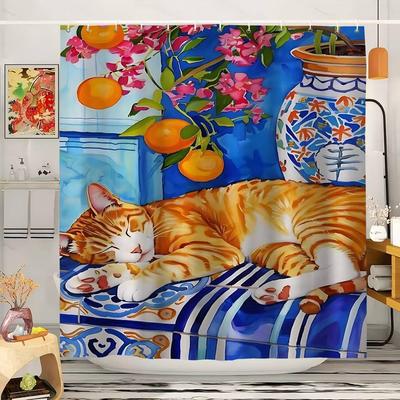 Kitty Plant Modern Art Shower Curtain - Water-Repellent And Leak-Resistant, Mold And Mildew Resistant For