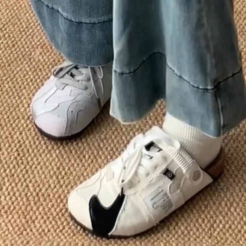 2025 New Lace-up Color-blocked Round-toe Wear-resistant Shoes for Women Summer New Ballet Style Versatile Slippers