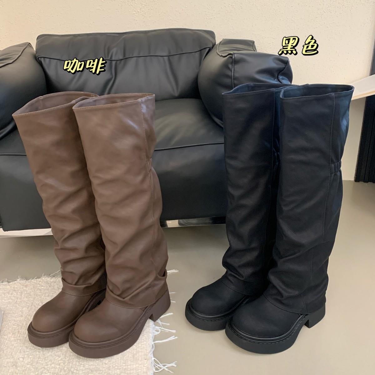 

2025 autumn and winter new round head tall tube thin boots trousers women s fashion thick heel knight women s boots 39 чёрный