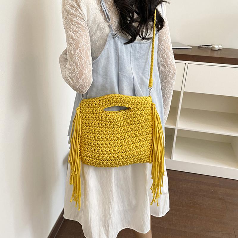 Yogodlns Knitted Tassel Bag New Summer Vacation Style Single Shoulder Diagonal Cross Woven Bag Fashionable Simple Women's Handbag