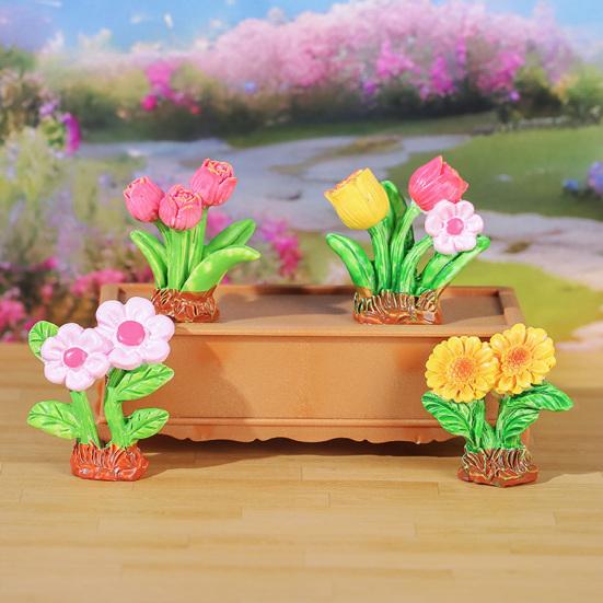 4 Peças Miniatura de Aglomerado de Flores Pequena Resina Falsa Girassol Tulipa Grama Modelo para Jardim de Fadas Micro Paisagem Decoração de Casa de Bonecas