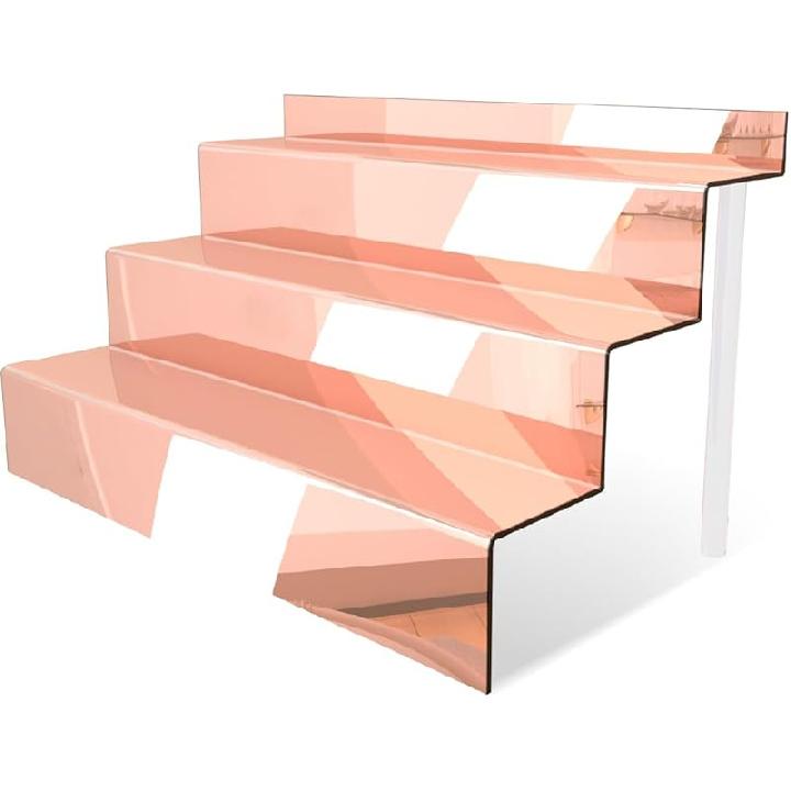 12 IN Clear Acrylic Display Riser Shelf with LED light,3 Tier Display Step Shelves Holder, Perfume Cologne Organizer Holder,Pops Toys Figures, Clear Mirror Rose Gold+3 Tier