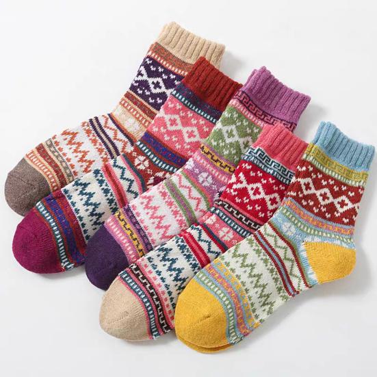 Yousheng 5 Pairs Retro Ethnic Style Socks Women Thermal Colorful Knit Thickened Crew Socks Vintage Winter Warm Boot Socks for Stocking Stuffers Gifts