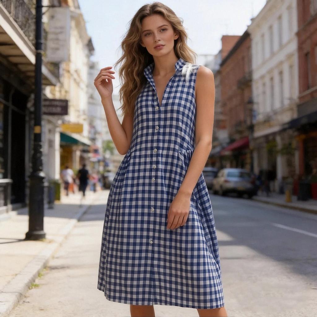 Women’s Sleeveless Maxi Dress Button Down Loose Fit Long Dress with Collared Neckline for Beach or Vacation Wear