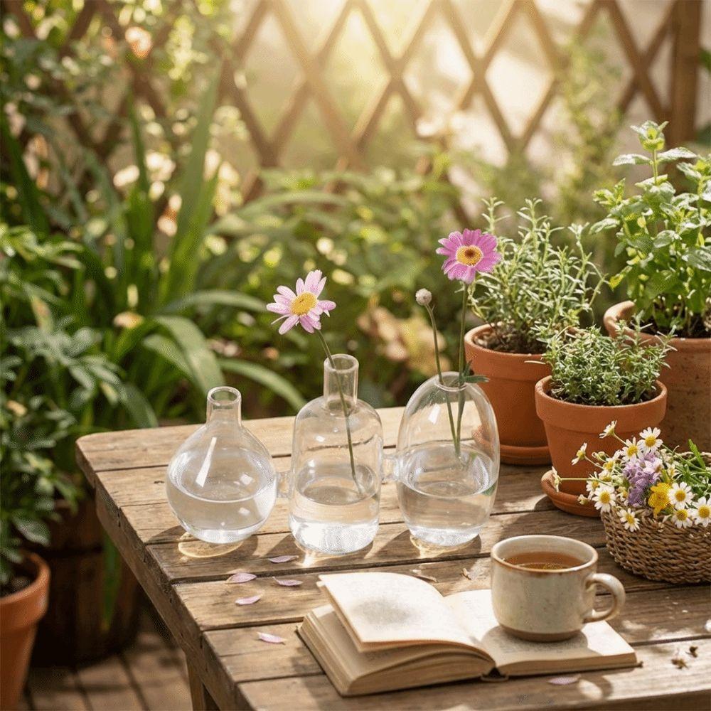 Transparent Glass Vase Triple Connected Plant Terrarium Clear Flower Vases Indoor Propagation