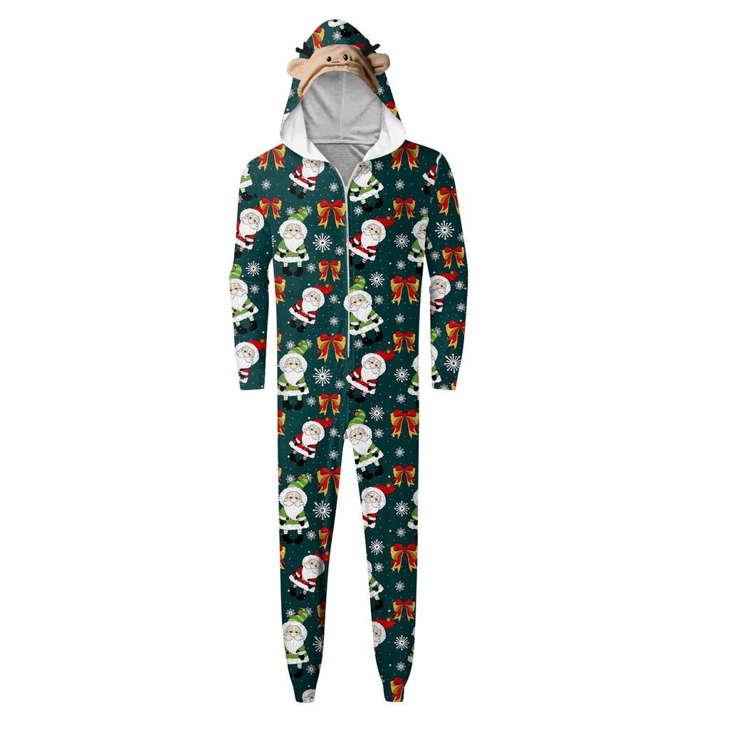 Christmas Print Family Matching Hooded Long Sleeved Zippered Jumpsuit Set