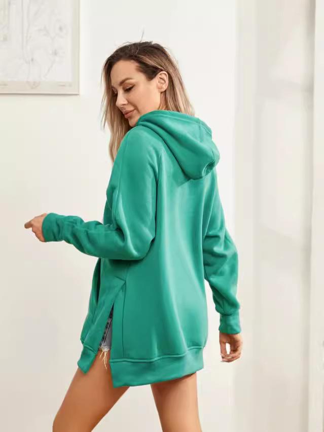 2024 Women's Solid Color Hooded Split Shoulder Sleeve Fleece Sweatshirt for Autumn and Winter