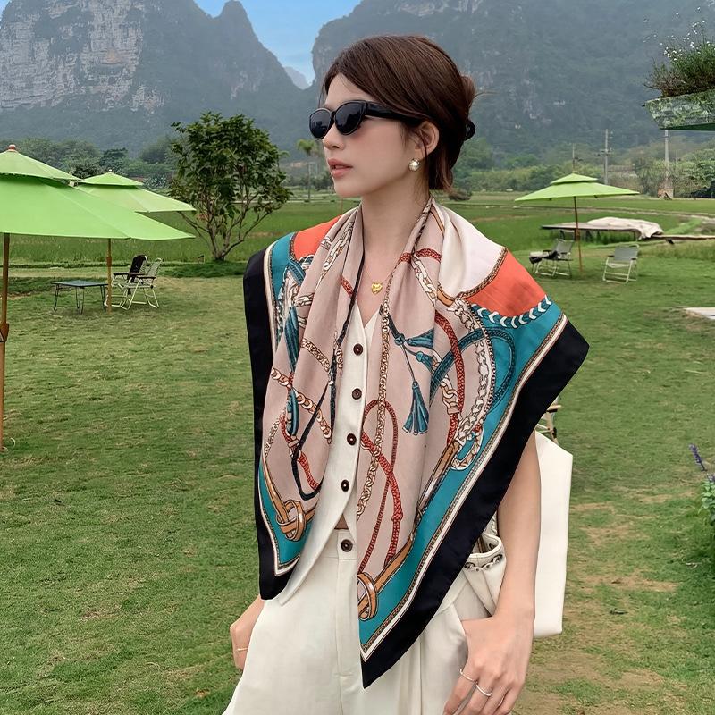 91Cm Large Square Scarf French Retro Silk Scarf Women's Twill Silk Scarf Neck Shawl Simulation Silk Scarf Shade