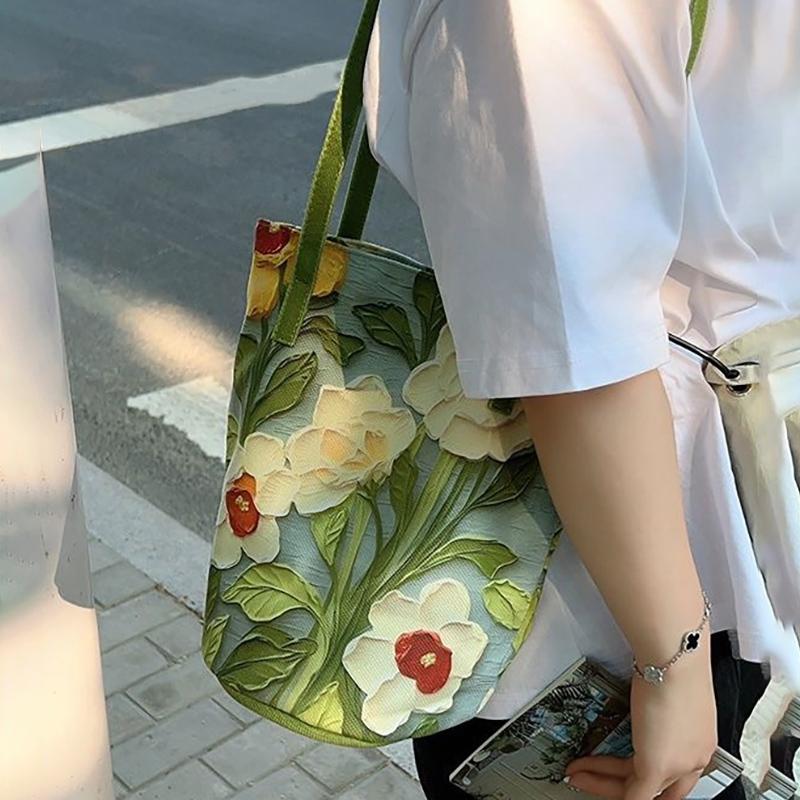 Nová velkokapacitní taška Bucket Bag, módní crossbody taška, ležérní, všestranná úložná taška přes rameno, akvarelový květinový vzor, ​​denní dojíždění, plátěná taška