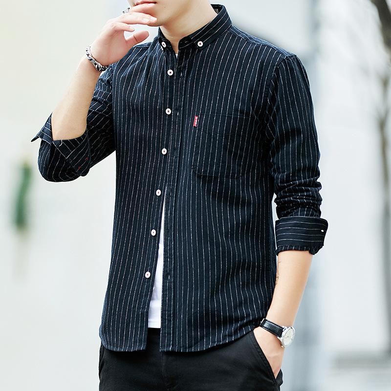 Spring Men's Striped Large-size Korean Version Slim-fit Shirt, Young Student Striped Handsome Polished Shirt