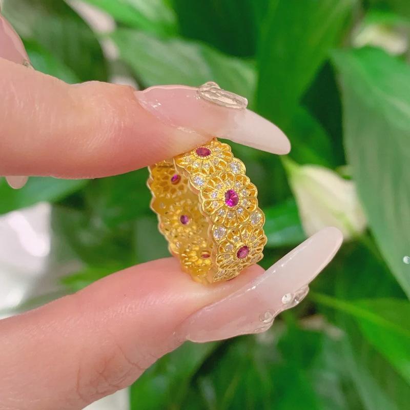 Luxury 9999 24K Real Gold Diamond Rose Ring Handmade Diamond Zircon Ring Pair Ring Jewelry