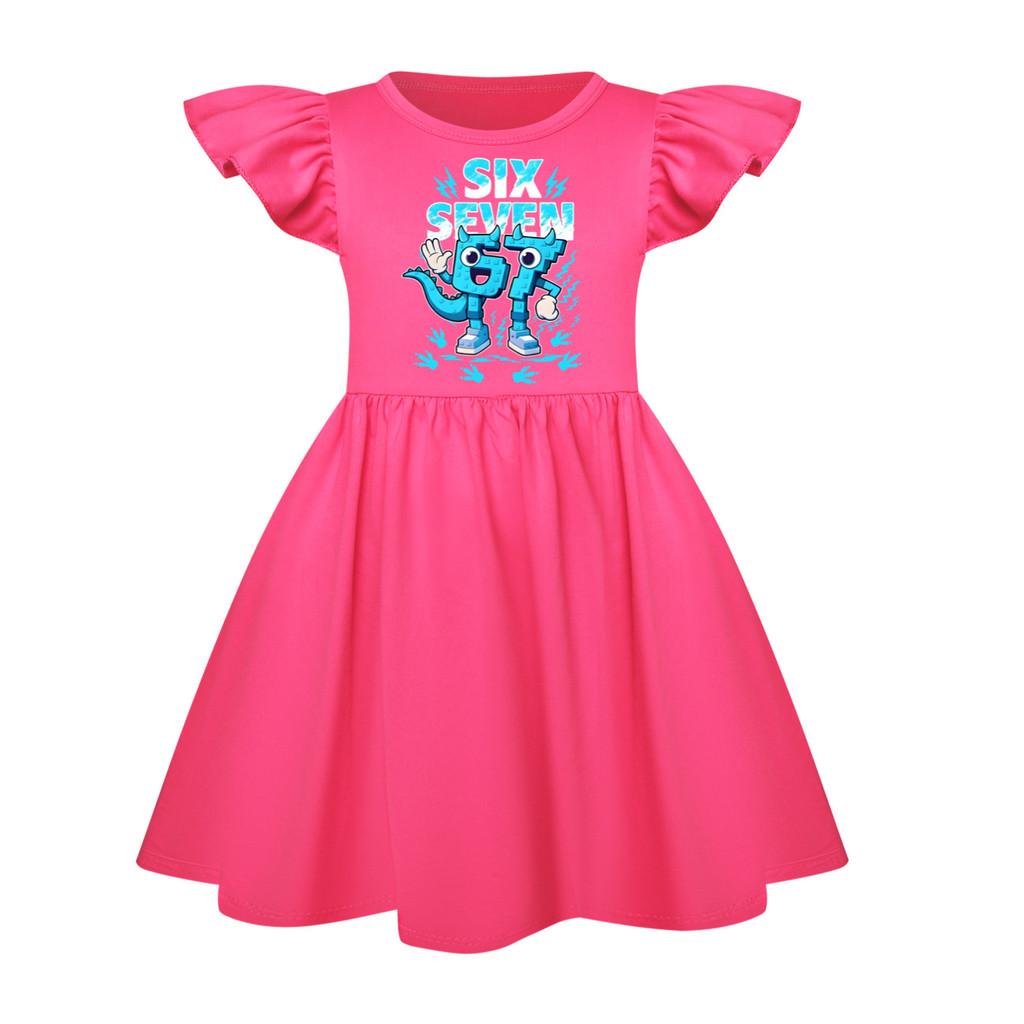 5192 Kids Girls Steal a Brainrot 67 Six Seven Printed Ruffle Short Sleeves Casual Dress