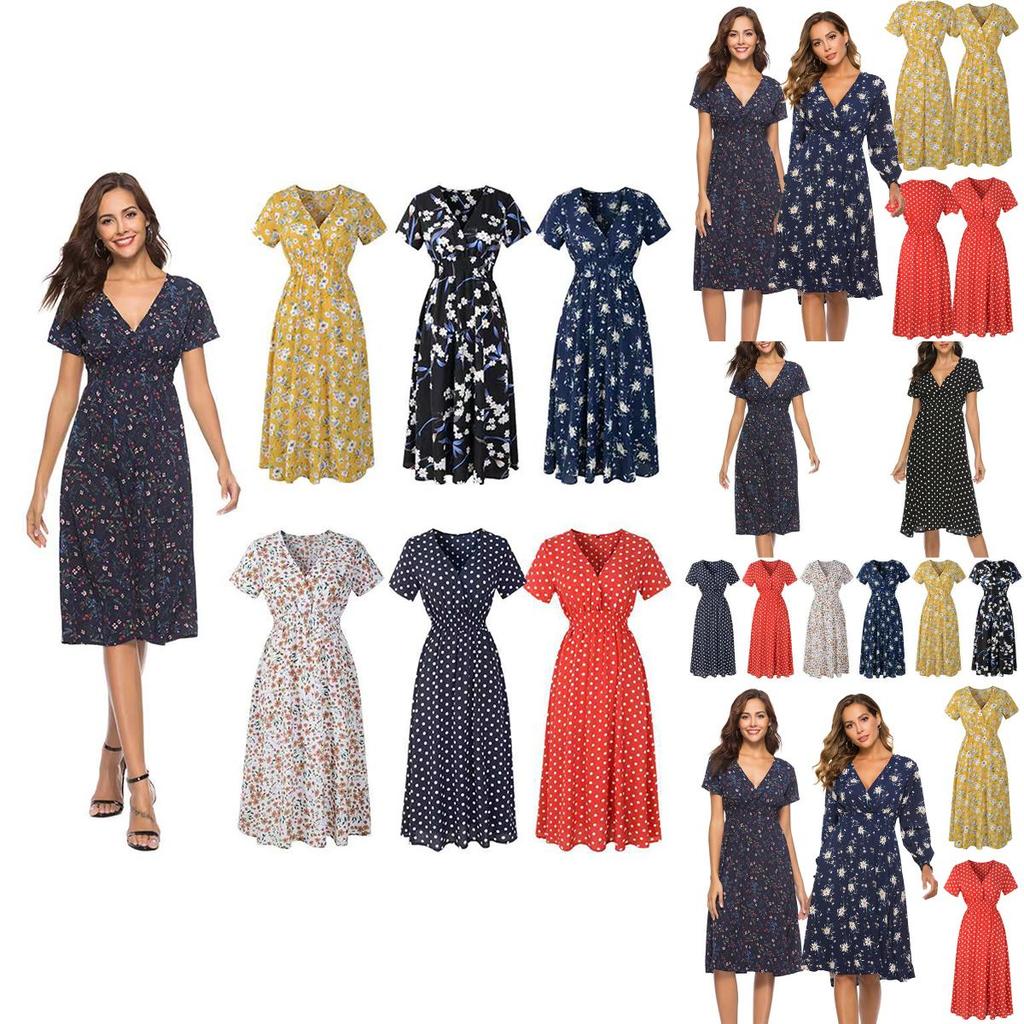Abito Midi Floreale Boho da Donna con Scollo a V Manica Corta Estivo da Spiaggia Abito Casual