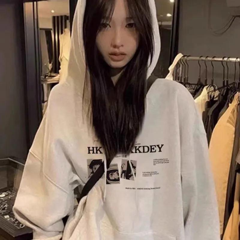 Damska bawełniana bluza z kapturem, podszyta polarem - Modny styl kampusowy, luźny krój, wyszczuplająca, modny niszowy design.