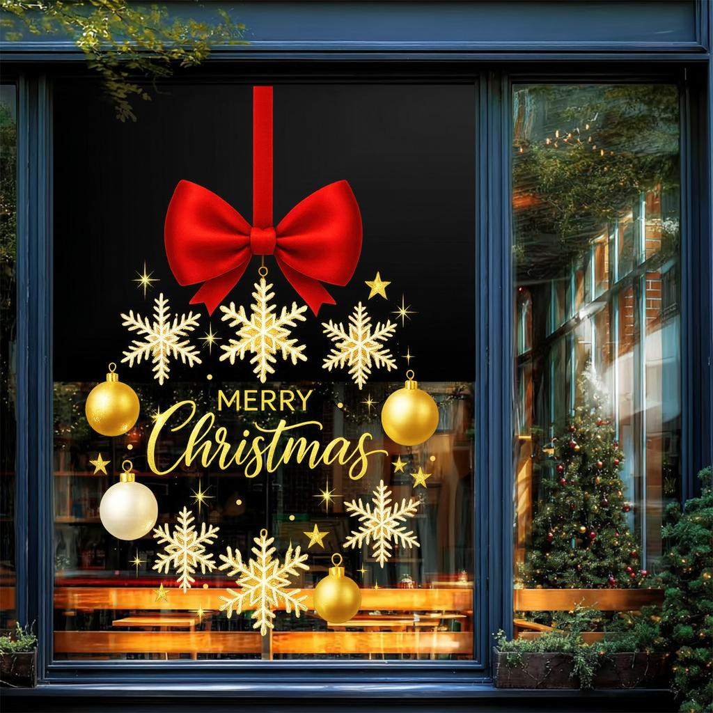 Christmas Stickers Gold Snowflake Static Cling Red Bow Window Decals Star Store Glass Decoration