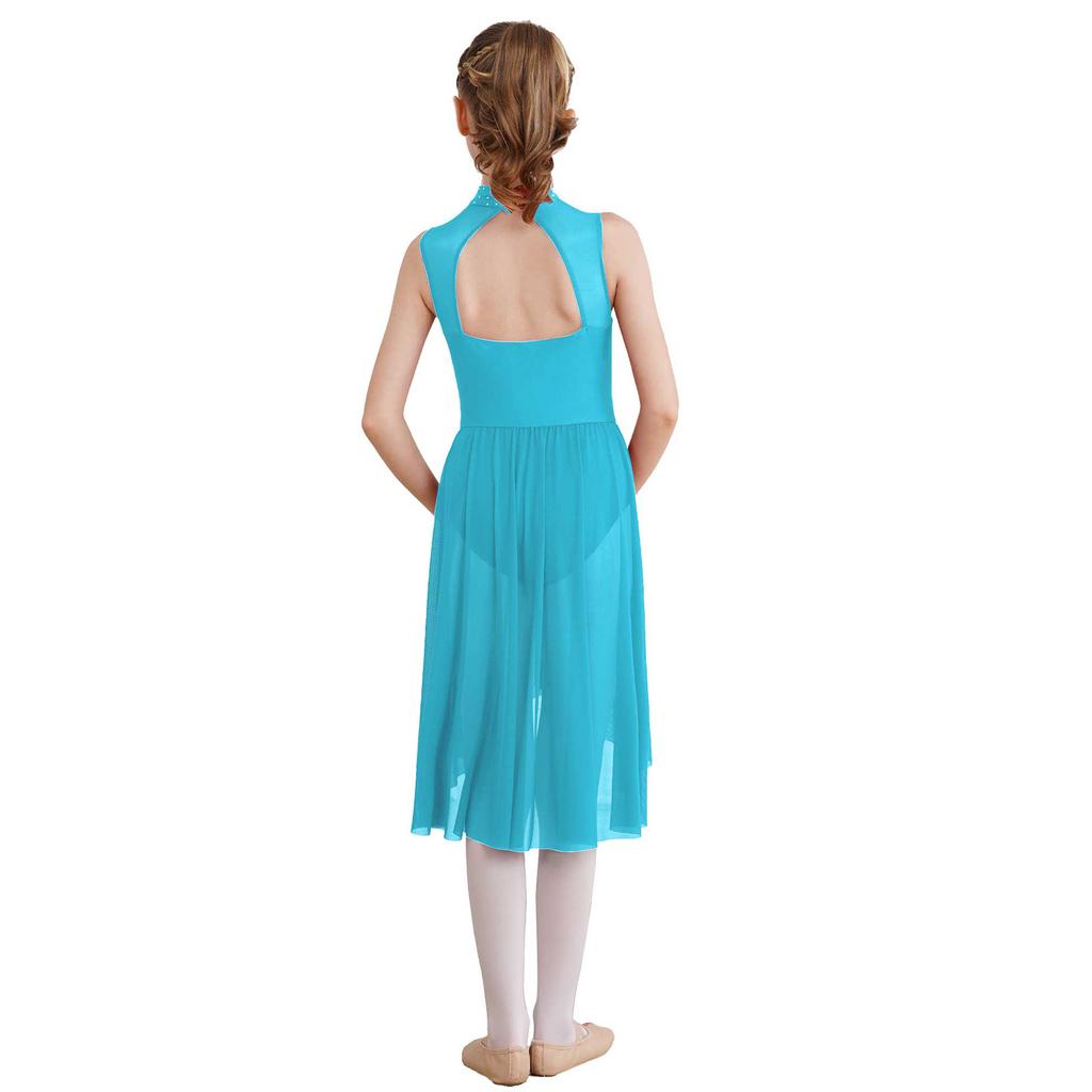 Girls Rhinestone Lyrical Modern Dance Dress Sleeveless Hollow Back High Low Hem Built In Briefs Leotard Dress Performance Gown