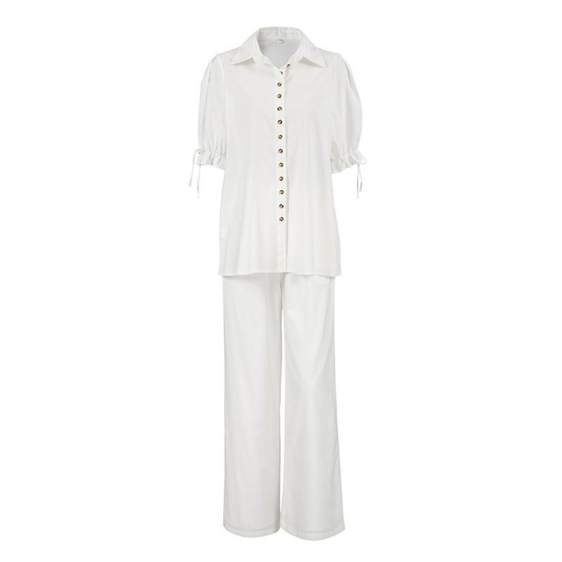 Womens White Cotton Linen Blouse Pants Set Casual 2-Piece Outfit With Puff Sleeves