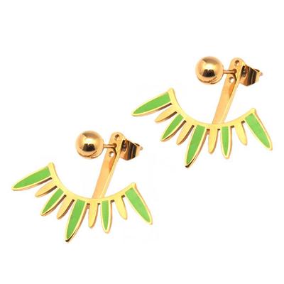 [Q0997] - Brincos com contorno de lóbulo de aço designer 'Boho' verde dourado - 5 e 28x10 mm
