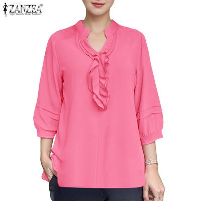 Women Casual Ruffles V-Neck Loose 3/4 Sleeve Blouse