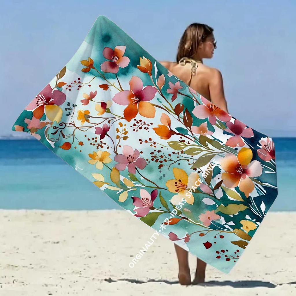 Vintage Watercolor Floral Beach Towel Patterned Sunscreen And Windproof Suitable For Swimming Pool Camping Travel