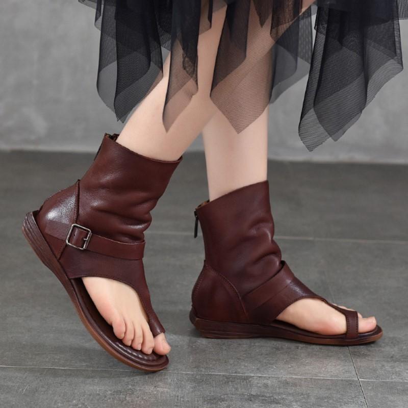 Johnature Women'shoes Roman Sandals Fashion Versatile Flat Genuine Leather Peep Toe Short Boots