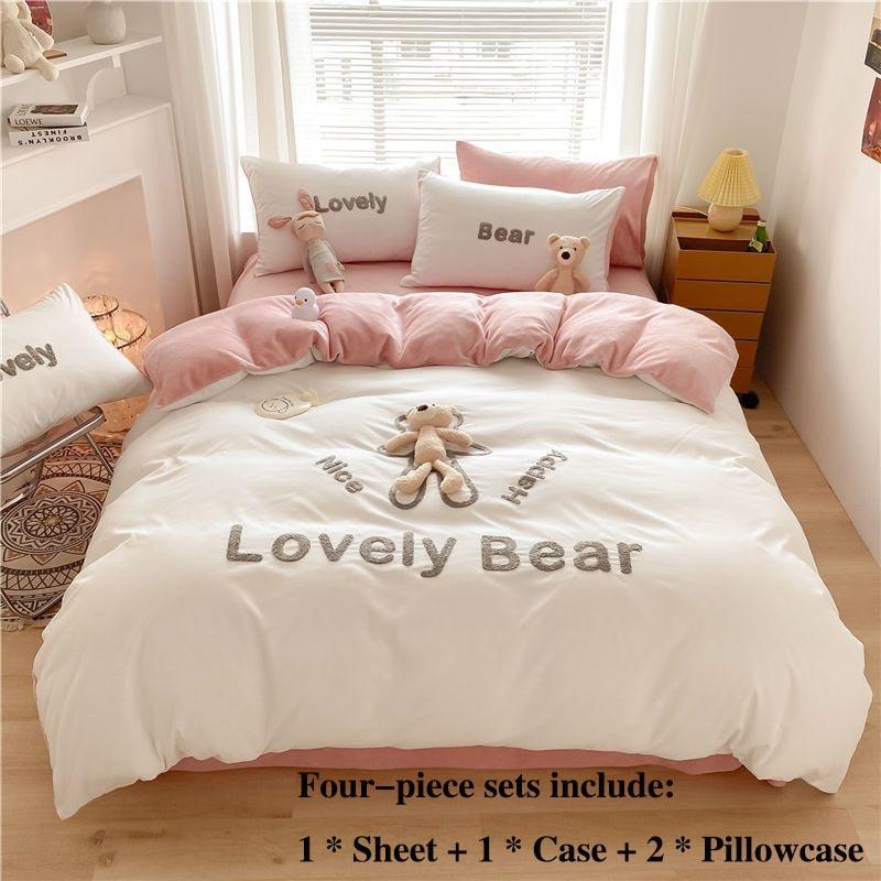 Milk Velvet Bed Four-piece Bed Single Suitbed Bedding Small Bear Model Princess Style Home Bedding