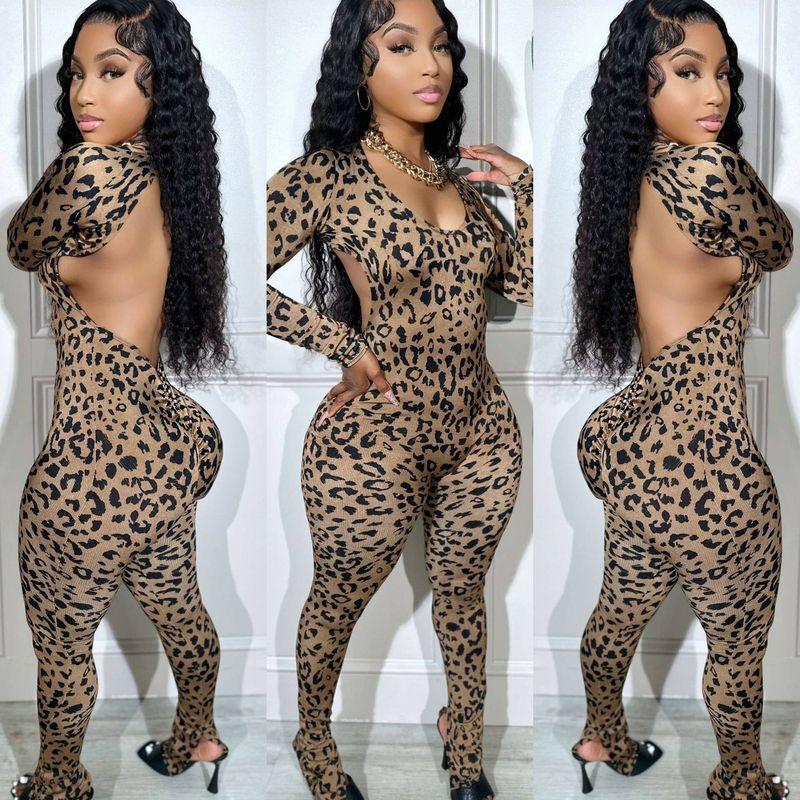 Ol6139 Amazon Cross-Border European and American Women's Casual Fashion Backless Leopard Print Jumpsuit Available In 2 Colors In Stock