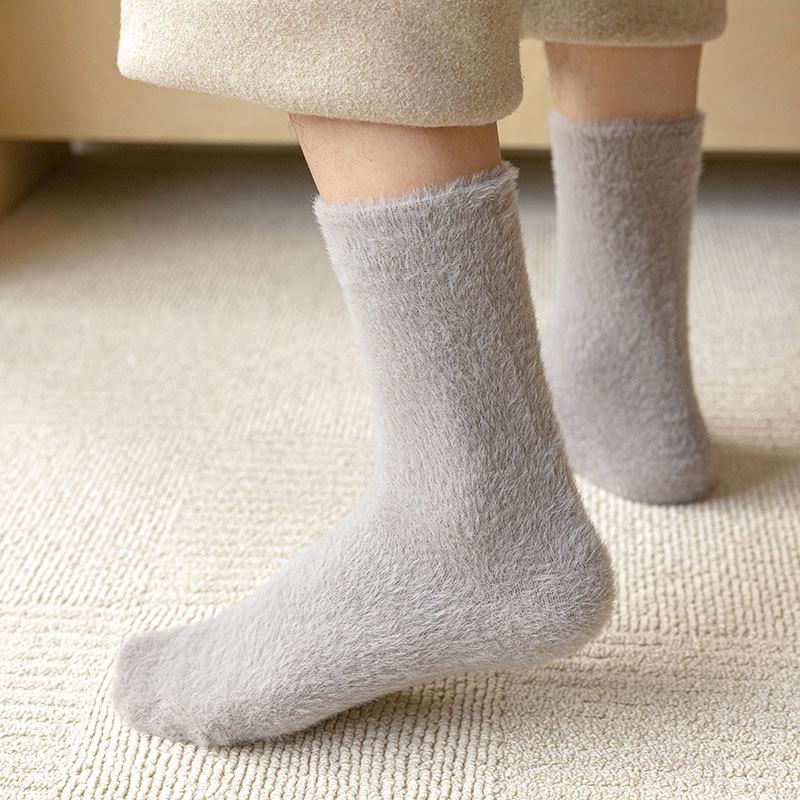 Chaussettes en Velours de Vison Couleur Unie Chaussettes d'Intérieur Épaisses Rembourrées pour Homme Hiver Chaud Chaussettes de Nuit en Peluche