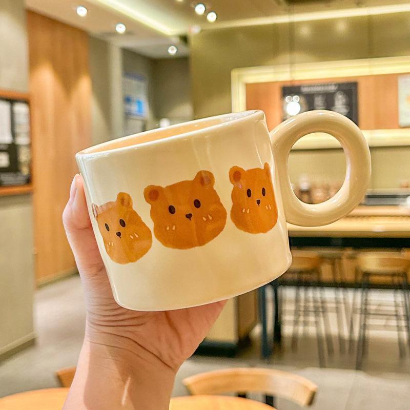 Cute milk fufu bear cup with spoon niche design couple ceramic mug appearance value home breakfast coffee cup