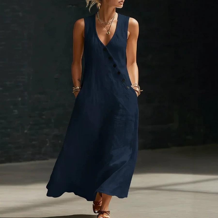 Spring and Summer European and American Lazy Style V-neck Breasted Sleeveless Vest Anti-cotton and Linen Casual Dress