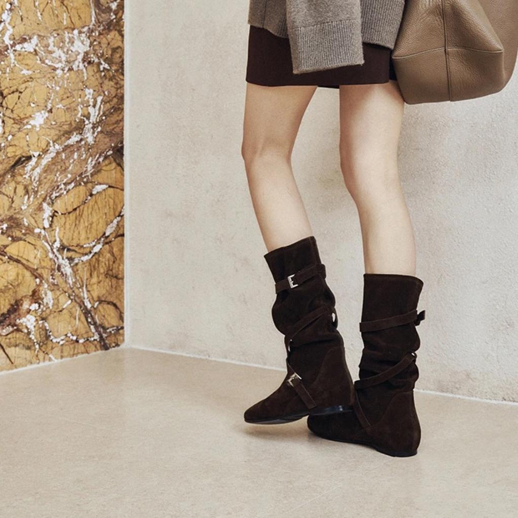 2025 new retro western cowboy boots women's soft pleated stacked boots inner height-increasing boots medium tube fashion