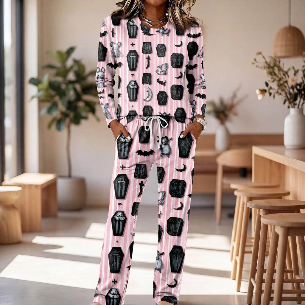 Women's Casual Pajama Set with Long Sleeve Round Neck and Drawstring Wide Leg Pants for Sleep and