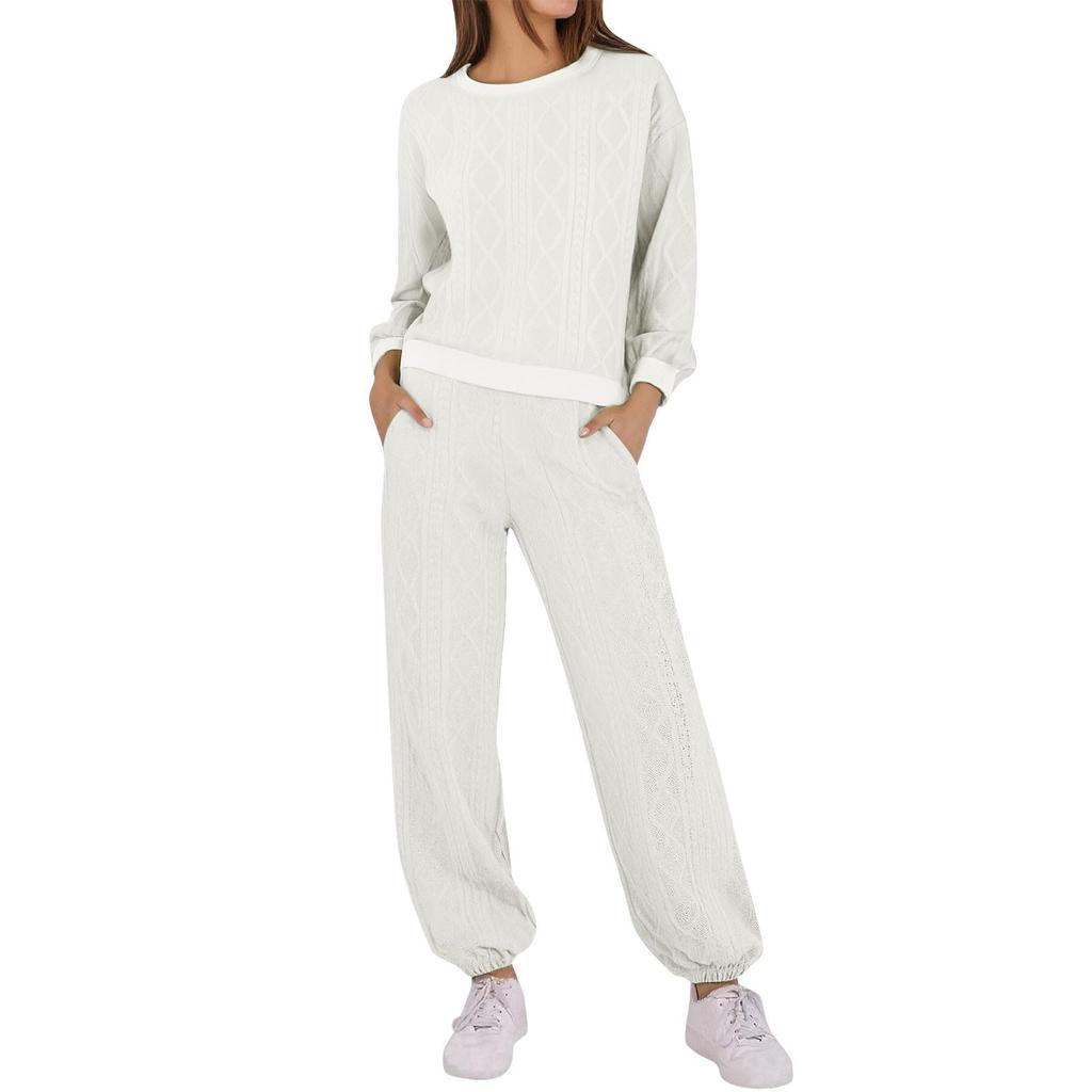 Women's Fashion Color Round Neck Long Sleeve Top Elastic Waist Casual Pants Loose Sports Two Piece Set