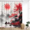 Japanese Style Landscape Shower Curtain Ink Mountain Cherry Blossom Pavilion Lake Asian Art Bath Curtains Home Bathroom Decor