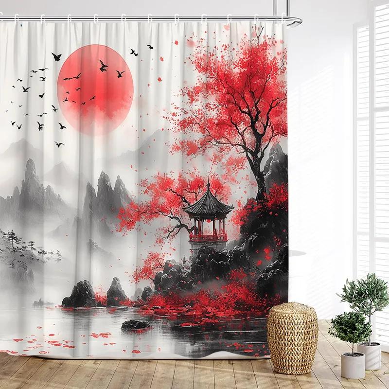 Japanese Style Landscape Shower Curtain Ink Mountain Cherry Blossom Pavilion Lake Asian Art Bath Curtains Home Bathroom Decor