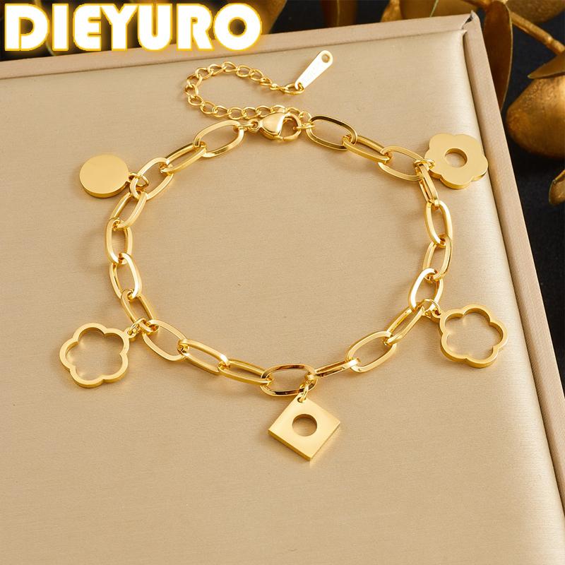 DIEYURO 316L Stainless Steel Golden Hollow Flowers Square Round Pendant Bracelet Lady Fashion Waterproof Hand Chain Jewelry