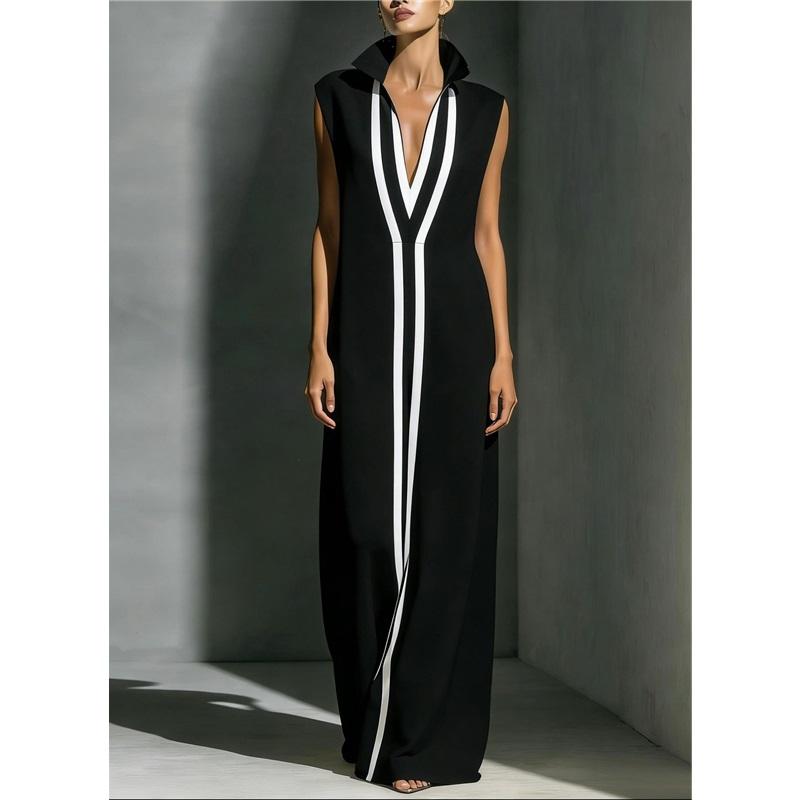 Women Lapel Deep V Neck Sleeveless Contrast Black Striped Knit Maxi Dress Elegant Long Dress L чёрный
