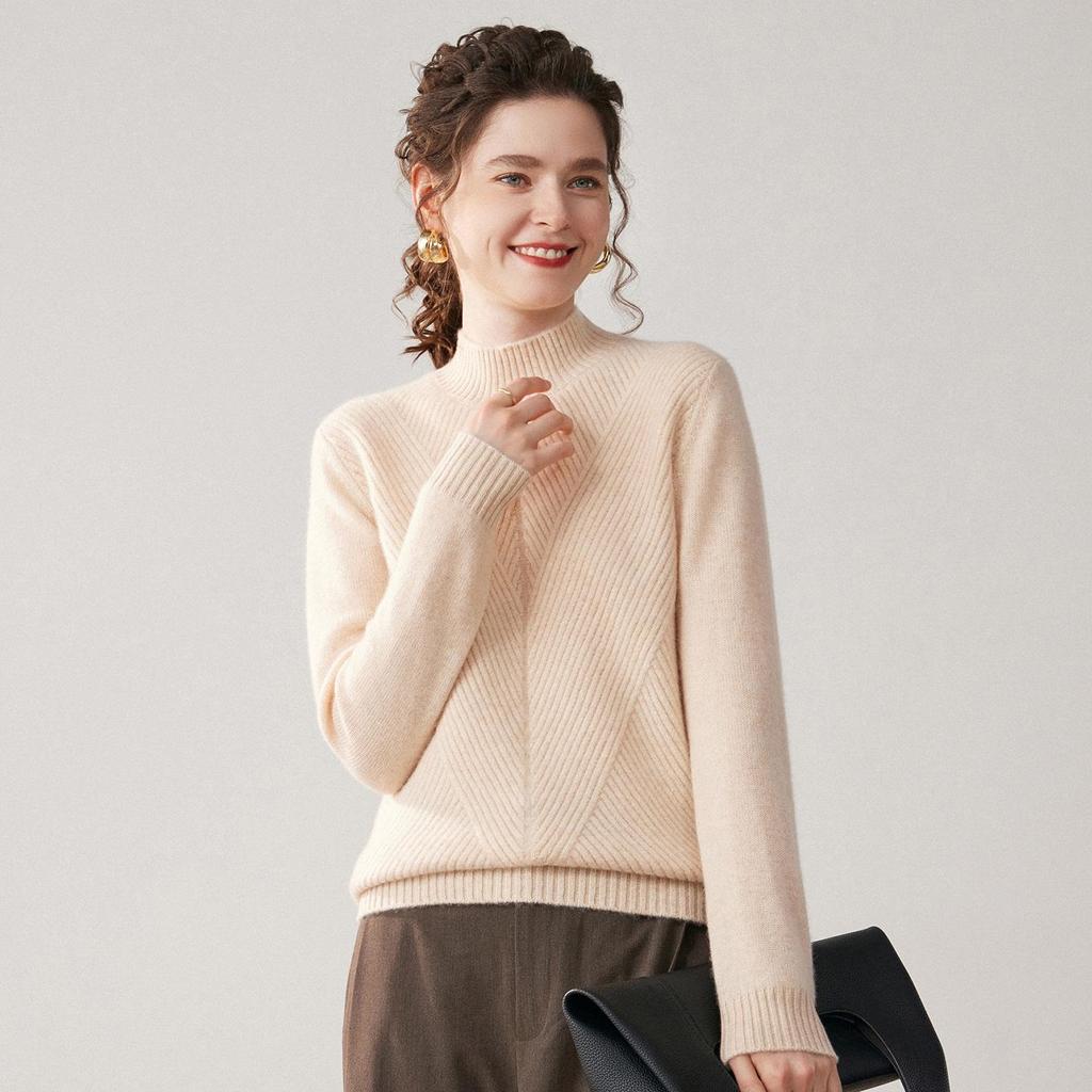 Women's Urban Casual Cashmere Sweater - Half-High Neck, Long Sleeve, Thick, Solid Color, Autumn/Winter Pullover Base Layer.