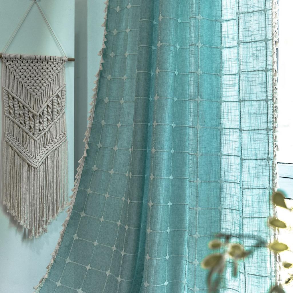 Curtain Finished Grey Plaid Embroidered Farmhouse Decorative Blackout Half Curtain Bohemian Curtain