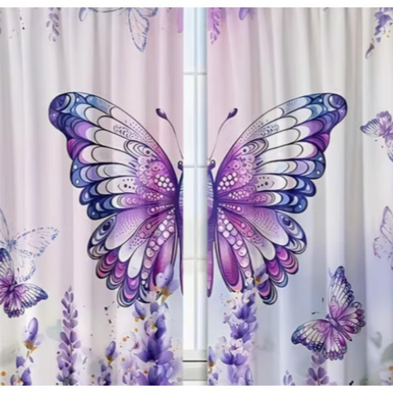 2pcs Dreamy Purple Lavender Butterfly Light-Filtering Curtains Rod Pocket Design for Living Room Bedroom Office Decor Curtains
